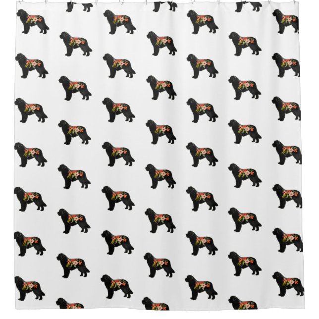 Newfoundland Dog Breed Boho Floral Silhouette Shower Curtain (Front)