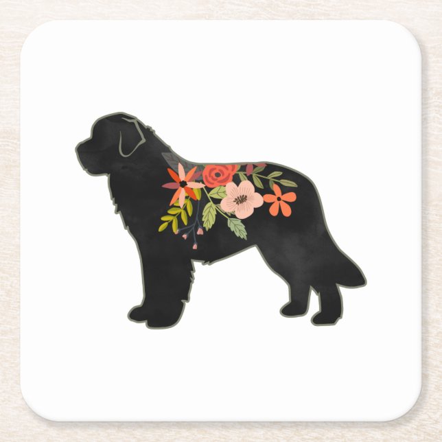 Newfoundland Dog Breed Boho Floral Silhouette Square Paper Coaster (Front)