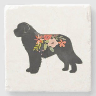Newfoundland Dog Breed Boho Floral Silhouette Stone Coaster