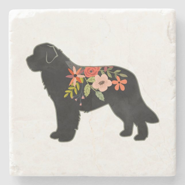 Newfoundland Dog Breed Boho Floral Silhouette Stone Coaster (Front)