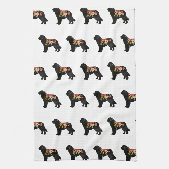 Newfoundland Dog Breed Boho Floral Silhouette Tea Towel (Vertical)