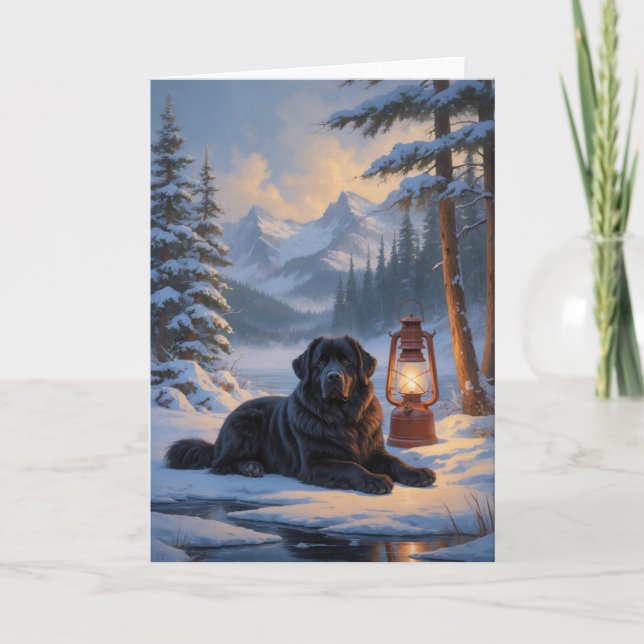 Newfoundland Dog by Frozen Lake Winter Painting Card (Front)