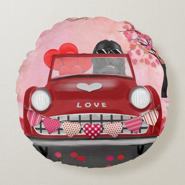 Newfoundland Dog Car with Hearts Valentine's  Round Cushion (Front)