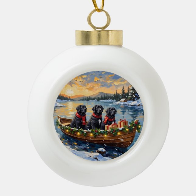 Newfoundland Dog Christmas Boat Holiday Ceramic Ball Christmas Ornament (Front)