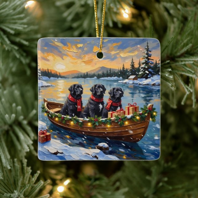 Newfoundland Dog Christmas Boat Holiday Ceramic Ornament (Tree)