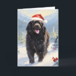 Newfoundland dog Christmas Card<br><div class="desc">Colourful design of a Newfoundland dog wearing a santa hat walking through the snowy mountains and wishes a merry christmas.</div>