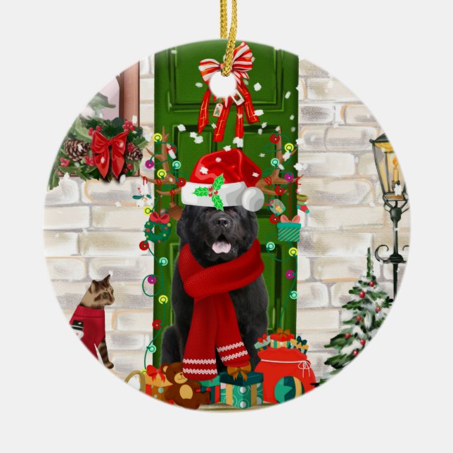 Newfoundland Dog Christmas  Ceramic Tree Decoration (Front)