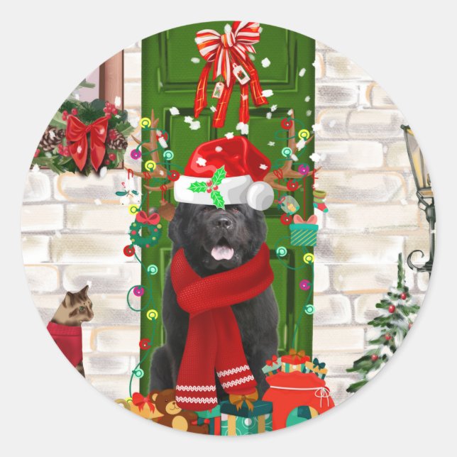 Newfoundland Dog Christmas  Classic Round Sticker (Front)