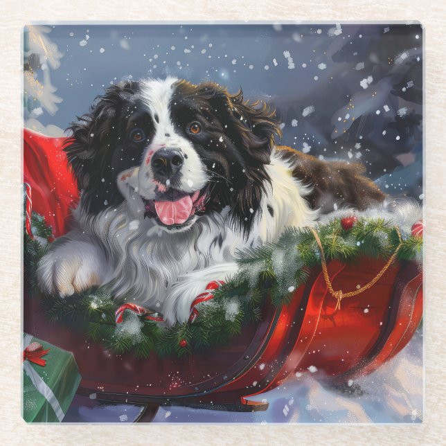 Newfoundland Dog Christmas Festive Glass Coaster (Front)