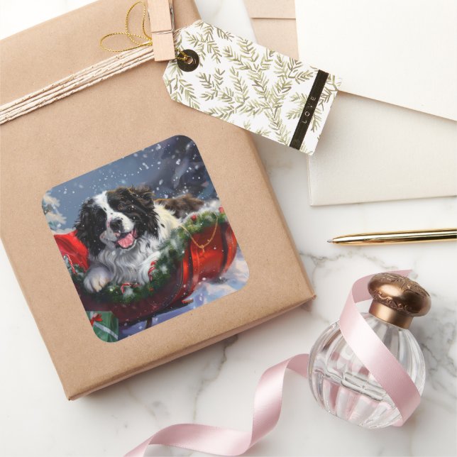 Newfoundland Dog Christmas Festive Square Sticker (Gifting)