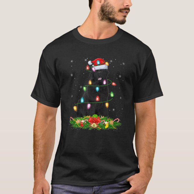 Newfoundland Dog Christmas Lights Funny Santa Hat  T-Shirt (Front)