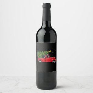 Newfoundland dog christmas on red car truck gift wine label