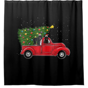 Newfoundland Dog Christmas On Red Car Truck Xmas Shower Curtain