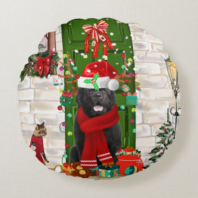 Newfoundland Dog Christmas Throw Pillow (Front)