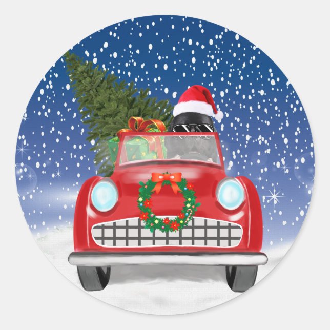 Newfoundland Dog Driving Car In Snow Christmas Classic Round Sticker (Front)