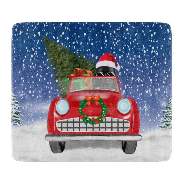 Newfoundland Dog Driving Car In Snow Christmas  Cutting Board (Front)
