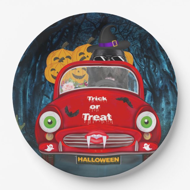 Newfoundland Dog Driving Car Scary Halloween Paper Plate (Front)