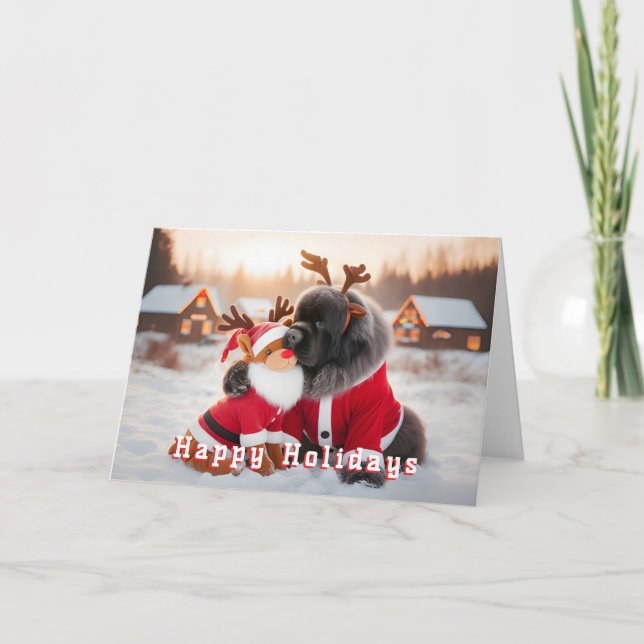 Newfoundland Dog Hugging His Stuffed Reindeer Card (Front)