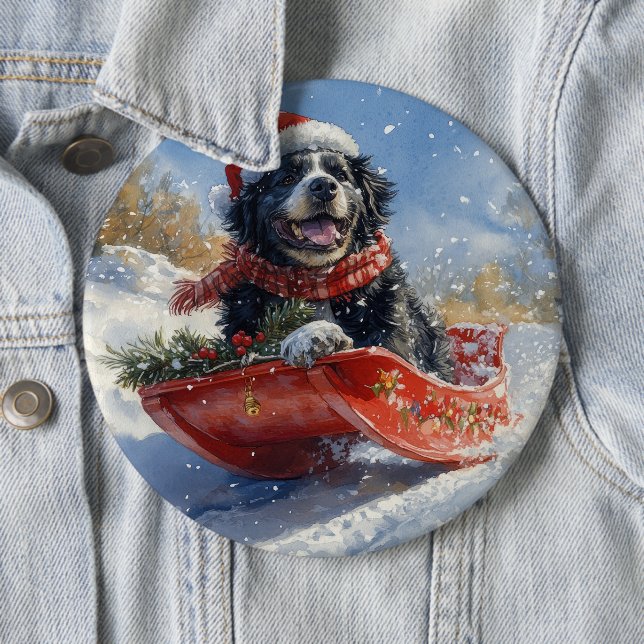 Newfoundland Dog in Sledge Let it Snow Christmas 6 Cm Round Badge (In Situ)