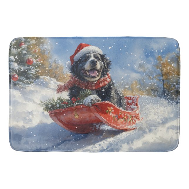 Newfoundland Dog in Sledge Let it Snow Christmas Bath Mat (Front)