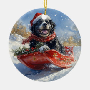 Newfoundland Dog in Sledge Let it Snow Christmas Ceramic Tree Decoration