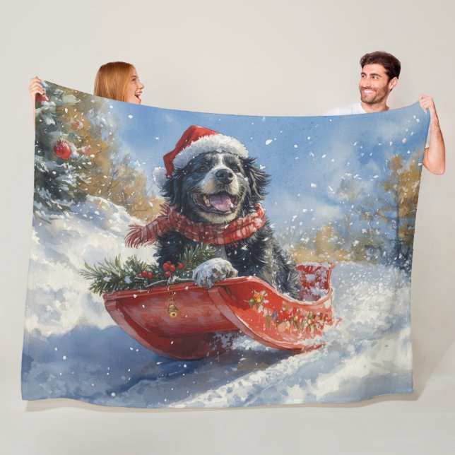 Newfoundland Dog in Sledge Let it Snow Christmas Fleece Blanket (In Situ)