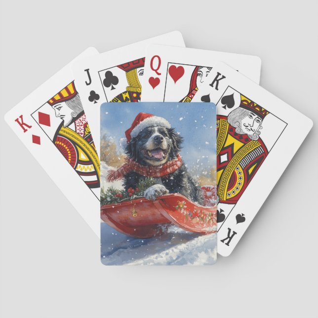 Newfoundland Dog in Sledge Let it Snow Christmas Playing Cards (Back)