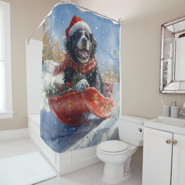 Newfoundland Dog in Sledge Let it Snow Christmas Shower Curtain (In Situ)