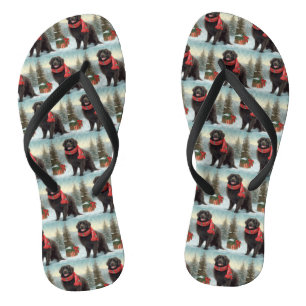 Newfoundland Dog in Snow Christmas Flip Flops