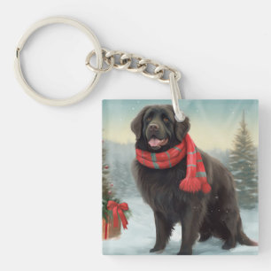 Newfoundland Dog in Snow Christmas Key Ring