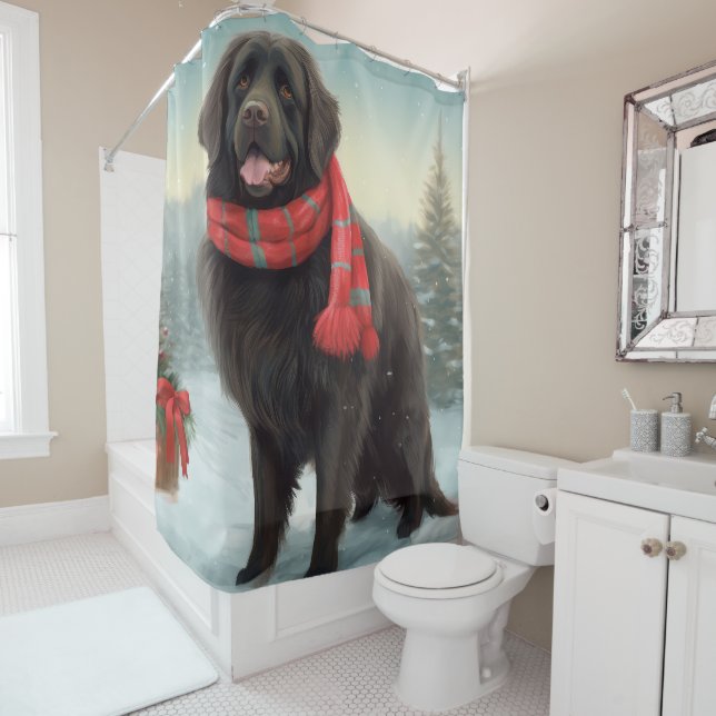 Newfoundland Dog in Snow Christmas Shower Curtain (In Situ)