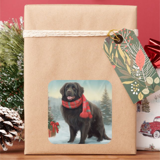 Newfoundland Dog in Snow Christmas Square Sticker (Holiday)