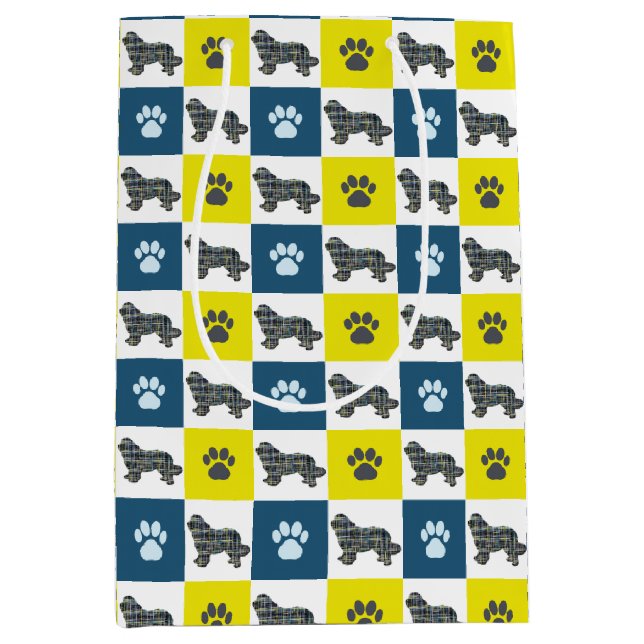 Newfoundland Dog & Paw Yellow and Blue Grid Lines Medium Gift Bag (Front)