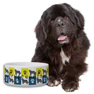 Newfoundland Dog & Paw Yellow & Blue Grid Dog Bowl