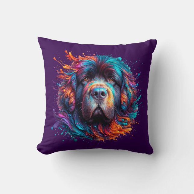 Newfoundland Dog Purple Paint Splatter Pillow (Front)
