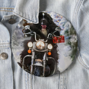 Newfoundland Dog Riding Motorcycle Christmas  6 Cm Round Badge