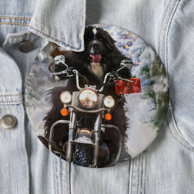 Newfoundland Dog Riding Motorcycle Christmas  6 Cm Round Badge (In Situ)