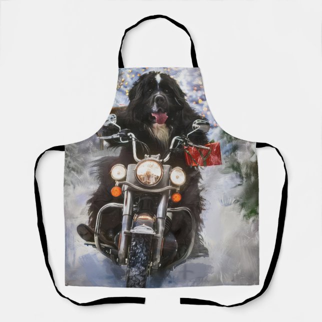 Newfoundland Dog Riding Motorcycle Christmas  Apron (Front)