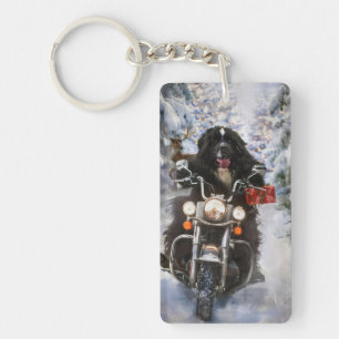 Newfoundland Dog Riding Motorcycle Christmas  Key Ring
