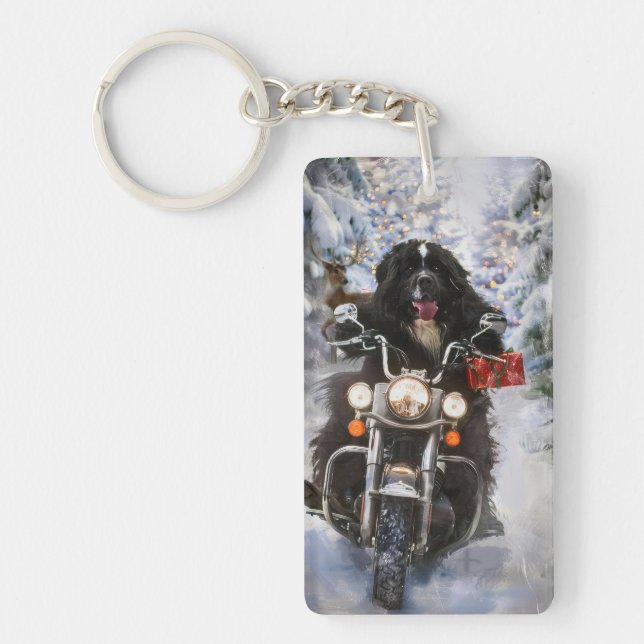 Newfoundland Dog Riding Motorcycle Christmas  Key Ring (Front)