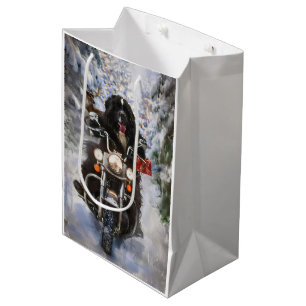 Newfoundland Dog Riding Motorcycle Christmas  Medium Gift Bag
