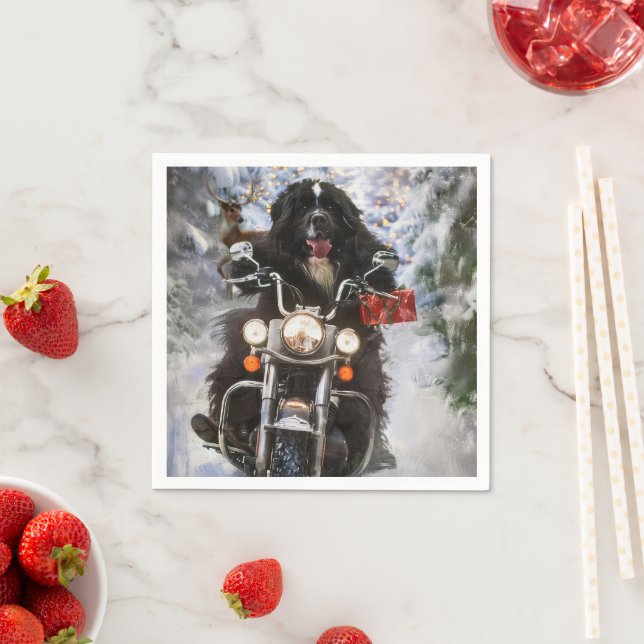 Newfoundland Dog Riding Motorcycle Christmas  Napkin (Insitu)
