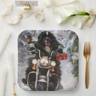 Newfoundland Dog Riding Motorcycle Christmas  Paper Plate