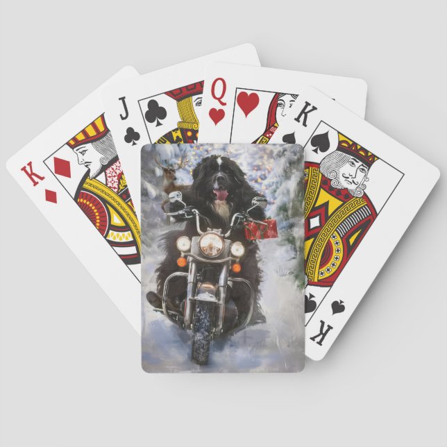Newfoundland Dog Riding Motorcycle Christmas  Playing Cards (Back)