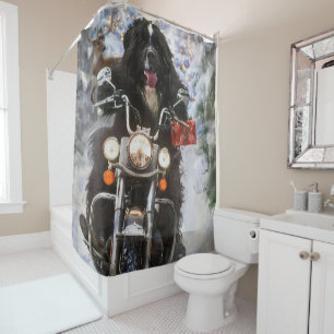 Newfoundland Dog Riding Motorcycle Christmas  Shower Curtain