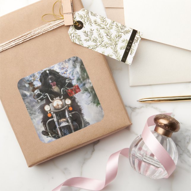 Newfoundland Dog Riding Motorcycle Christmas  Square Sticker (Gifting)