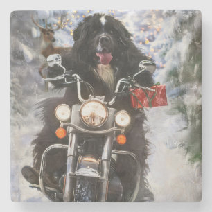 Newfoundland Dog Riding Motorcycle Christmas  Stone Coaster