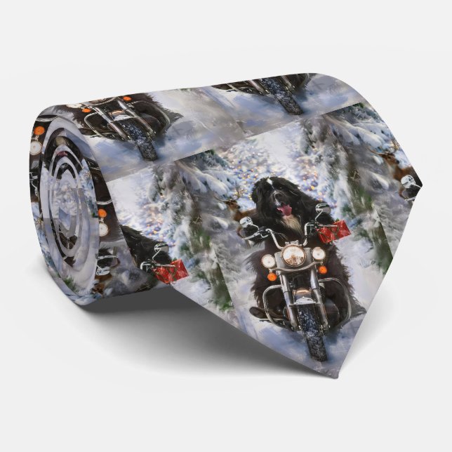 Newfoundland Dog Riding Motorcycle Christmas  Tie (Rolled)