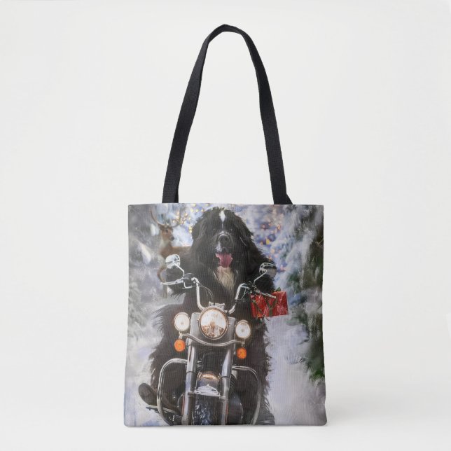 Newfoundland Dog Riding Motorcycle Christmas  Tote Bag (Front)