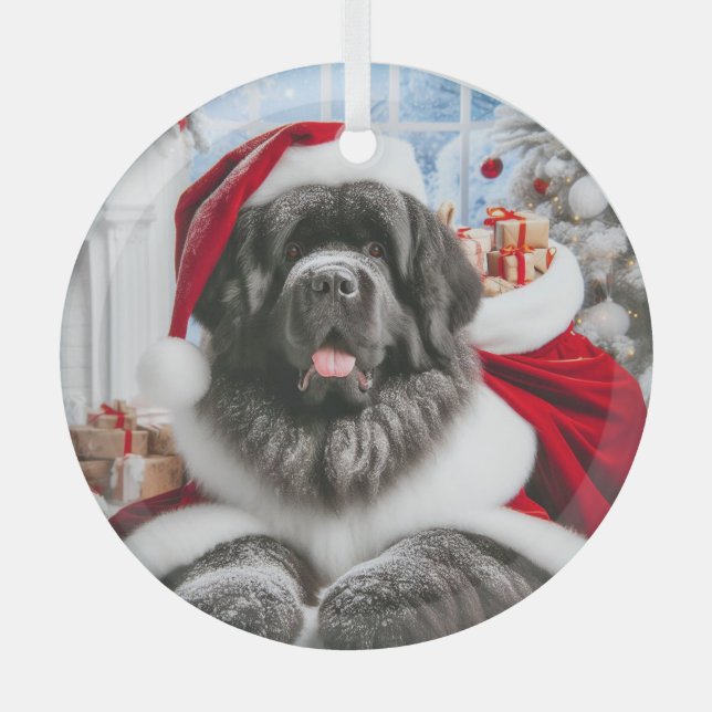 Newfoundland Dog Santa  Glass Tree Decoration (Front)
